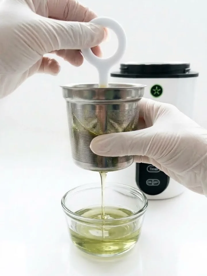 Mãos com luvas filtrando o óleo infusionado no filtro de inox sobre uma tigela de vidro, com a máquina Mr. Infusion ao fundo